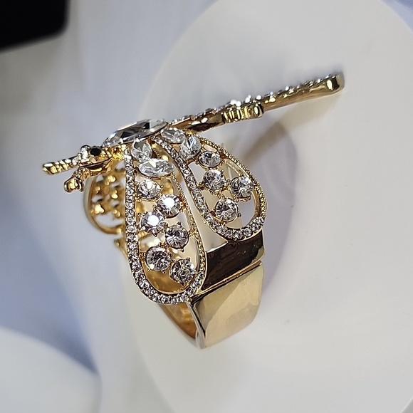 Gold Statement Hinge/ Clamper Bangle Bracelet Dragonfly with Clear Crystals New - Picture 3 of 8
